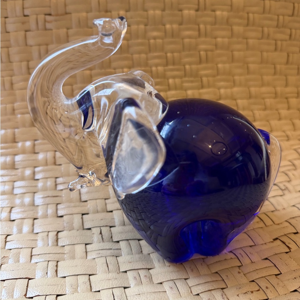 Cobalt Blue Glass/ Clear Glass Head Elephant Figurine